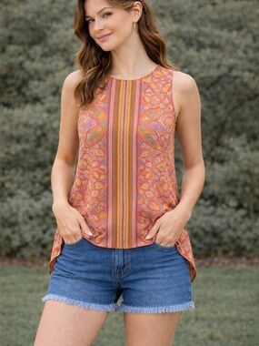 🌸 Rose & Olive Paisley Tank Top | Size Medium | High-Low Hem